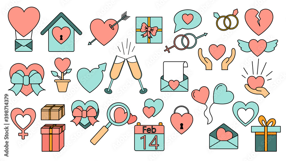 A set of large simple flat-style icons of beautiful hearts, gifts, envelopes, love items for the feast of love Valentine's Day February 14 or March 8. illustration A set of large simple flat-style icons of beautiful hearts, gifts, envelopes, love items for the feast of love Valentine's Day February 14 or March 8. illustration