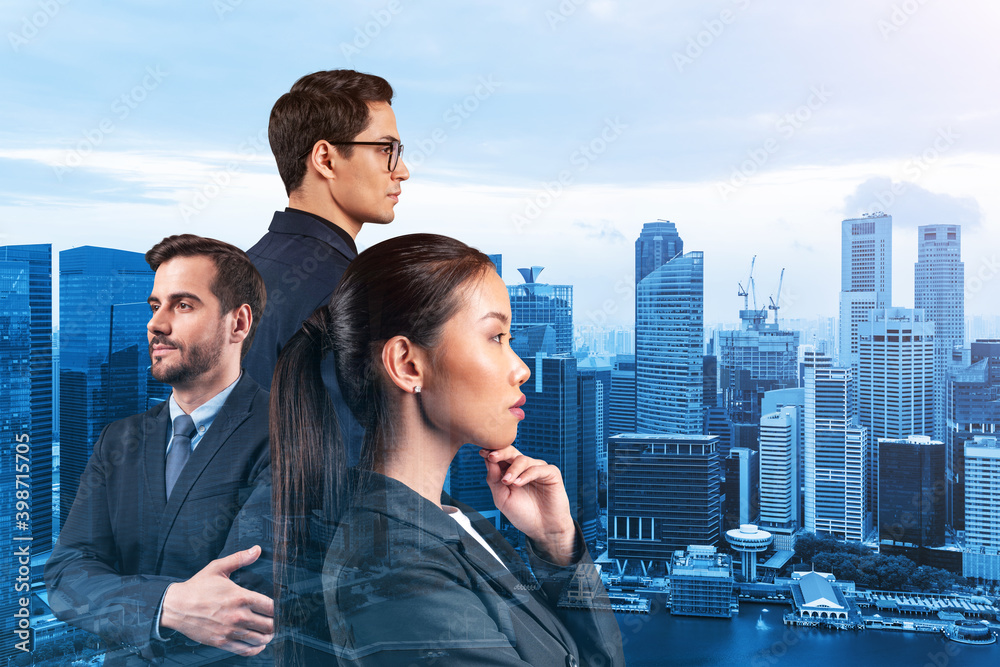 Fototapeta premium Group of three business colleagues in suits dreaming about new career opportunities after MBA graduation. Concept of multinational corporate team. Singapore on background. Double exposure.