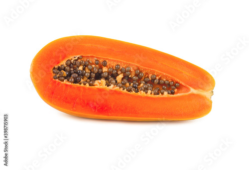 half cut of ripe papaya with seeds on white background