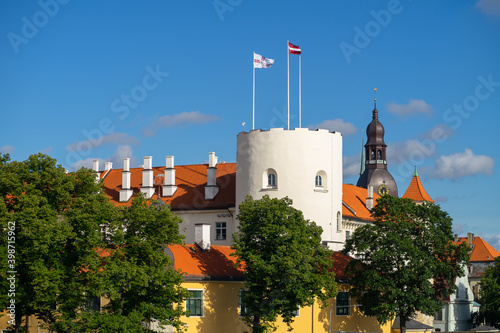 Riga castle (Rigas pils) with iconic tower at summer - residence of Latvian presidents.