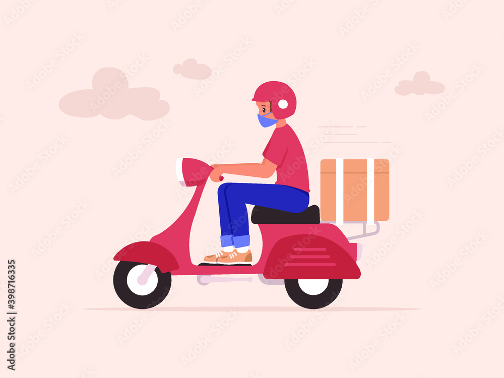 Courier on a scooter wearing protective mask. Online delivery service during covid-19 coronavirus pandemic quarantine and lockdown concept vector flat illustration. Courier on a scooter wearing protective mask. Online delivery service during covid-19 coronavirus pandemic quarantine and lockdown concept vector flat illustration.