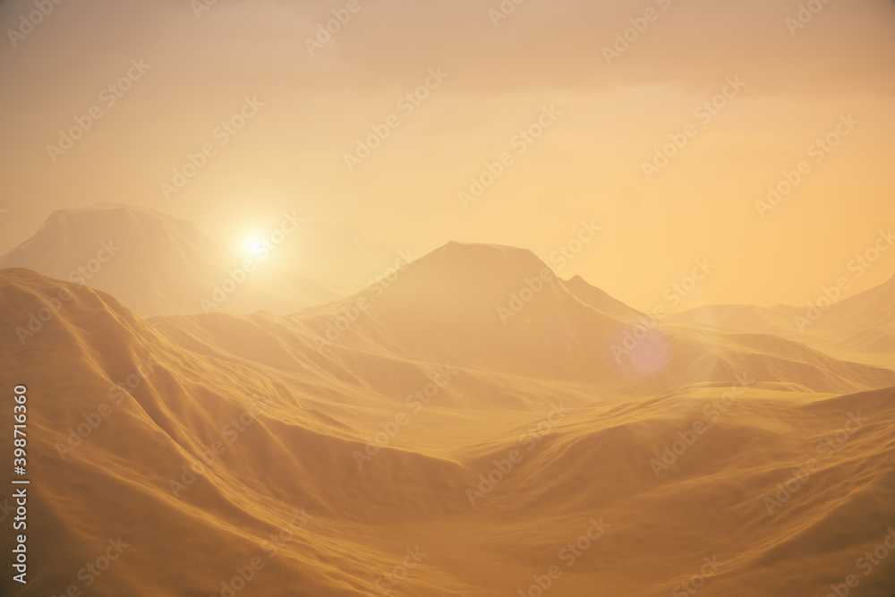 Mars mountains landscape with a dust storm and sunset. Future space and planet concept. 3D rendering