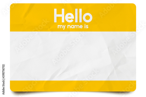 Yellow hello my name is name tag blank template photo