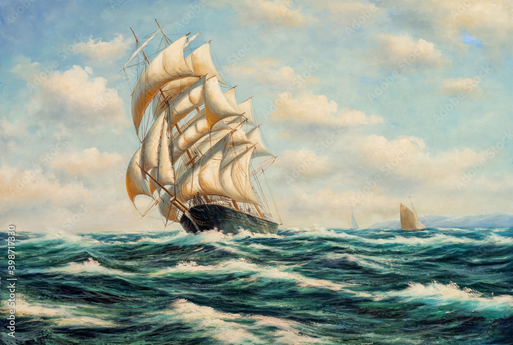 Sailing ship at sea. Oil painting picture - obrazy, fototapety, plakaty 