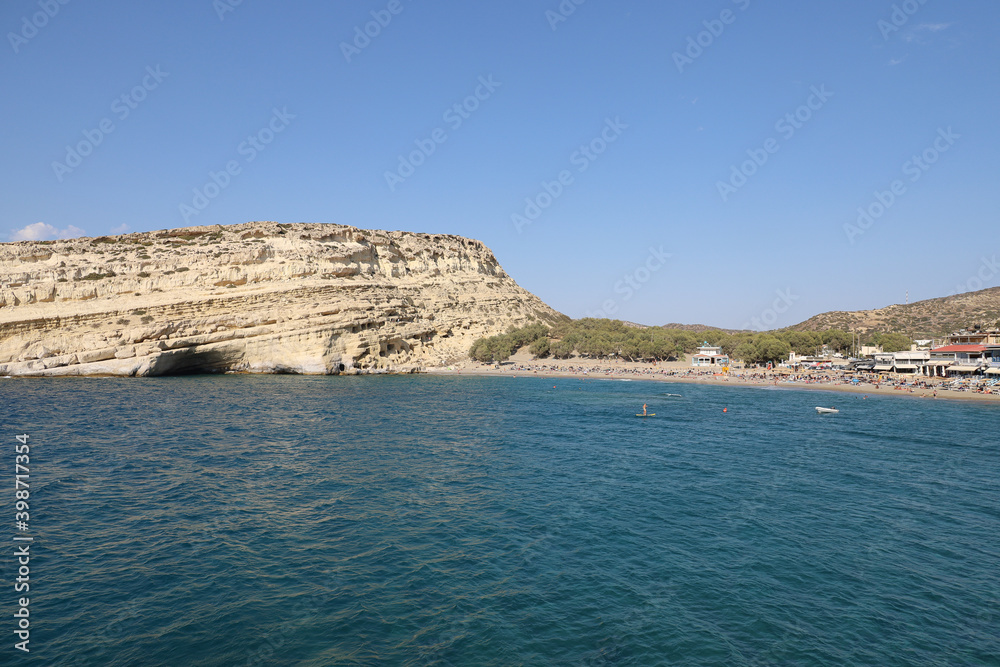 The famous beach of Matala in the south of Crete, Greece