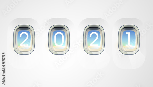 Happy New Year 2021 airplane window background. Greeting card 2021 Fonts flyer view from above porthole banner. Celebrate brochure aircraft interior