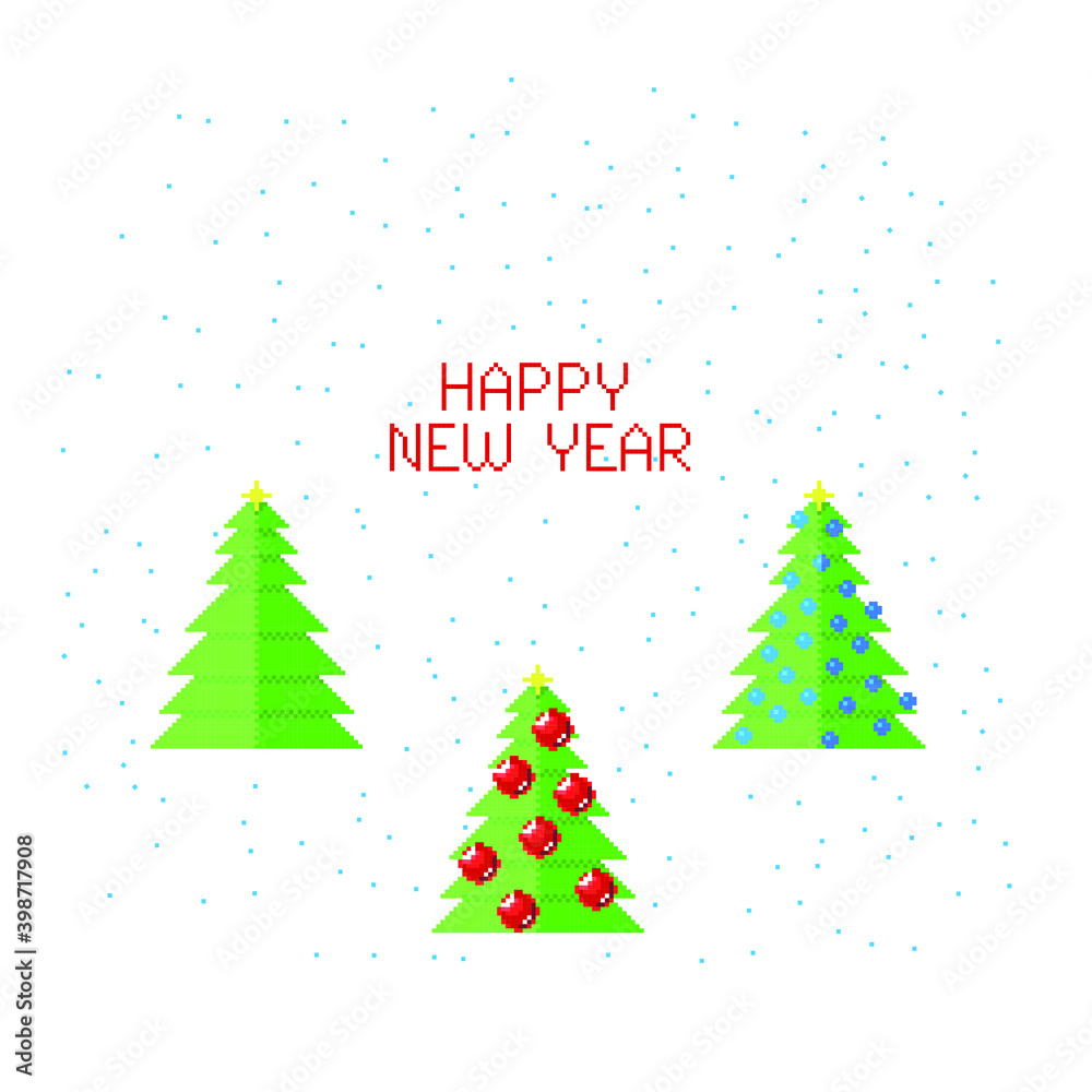 Pixel art style. Merry Christmas and Happy New Year greeting card. Perfect for personalized holiday greeting cards, Christmas party invitations and holiday designs.