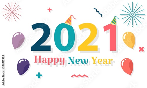 Happy New Year 2021 vector illustration isolated on white color background. included balloon, party hat, etc. good for greeting cards, banners, web, parties and others.