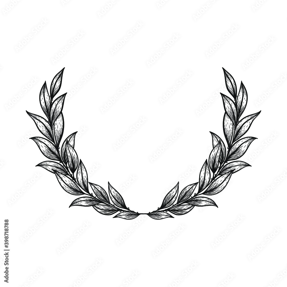 Laurel wreath hand drawn in vintage line art style. Victory symbol