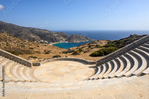 The open-air theatre Odysseas Elytis made of stone and marble in the ancient Greek style on Ios Island. Cyclades Islands, Greece
