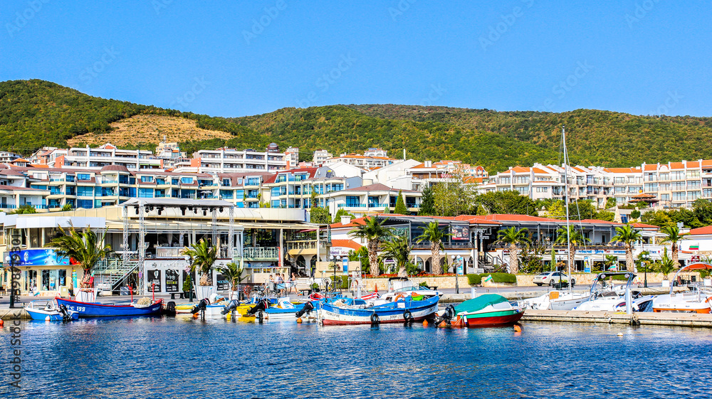 Colorful boats  in  port of Saint Vlas (Marina Dinevi). Saint Vlas (Sveti Vlas), Bulgaria