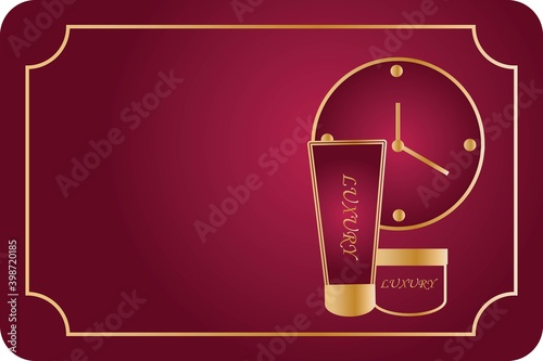 Discount or business card template with luxury cosmetics. Rich Bordeaux background.