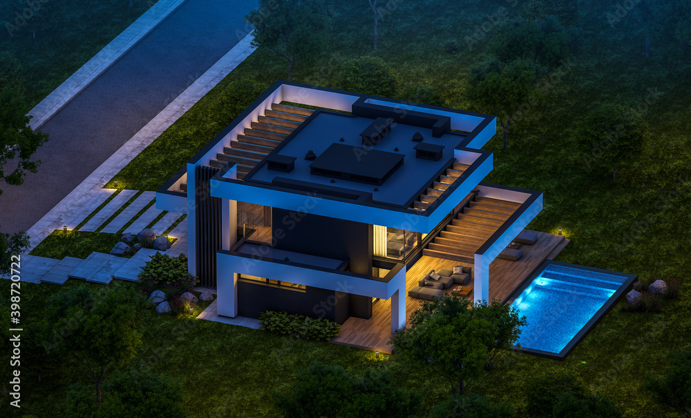 3d rendering of modern cozy house with pool and parking for sale or rent in luxurious style and beautiful landscaping on background. Clear summer night with many stars on the sky.