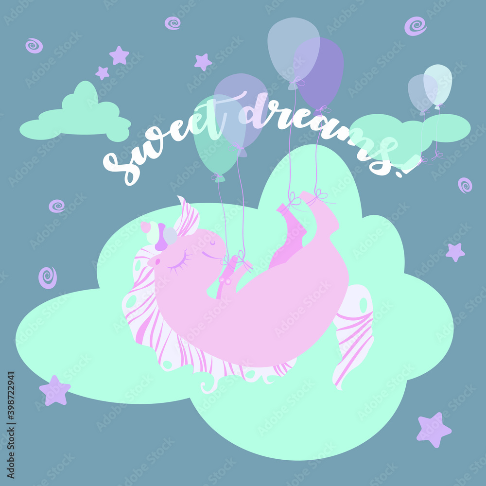sleeping unicorn on a cloud, balloons. vector flat illustration. print on clothing, tableware, textiles, sticker, banner, sticker, postcard, invitation. Scandinavian style.