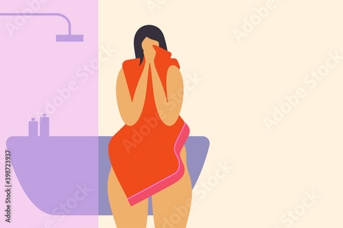 Plus size woman holding a bath towel after stepping out from the shower in the bathroom, covering her face with her hands, feeling emotional. Beautiful modern flat vector illustration with copy space.