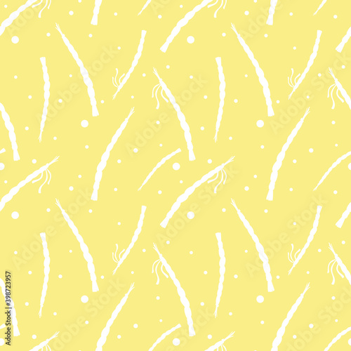 Hand drawn Easter decoration seamless pattern - Pomlazka - Czech traditional Easter wicker willow whip decorated with and without ribbons. Vector stock illustration isolated on yellow background.