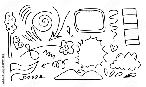 hand drawn set element,black on white background.arrow,heart,love,star,leaf,light,flower,trees,clouds,flag,swishes,swoops,emphasis,swirl,heart,for concept design