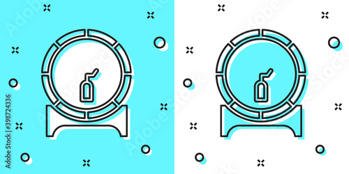 Black line Wooden barrel on rack with stopcock icon isolated on green and white background. Random dynamic shapes. Vector Illustration