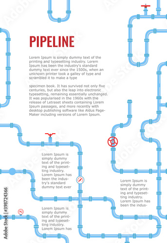 Vertical Industrial Infographics with Blue pipes for water, gas, oil, sewage. background for flyers or brochure. Vector illustration in a flat style.