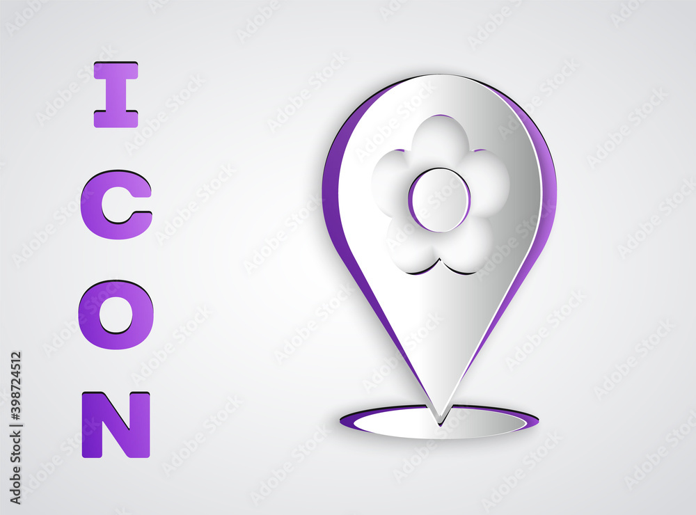 Paper cut Location with flower icon isolated on grey background. Paper art style. Vector Illustration Paper cut Location with flower icon isolated on grey background. Paper art style. Vector Illustration