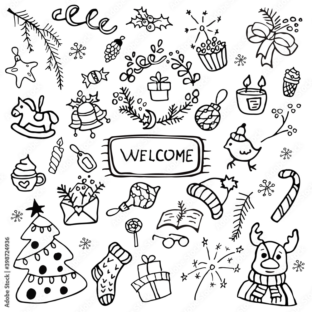 Set of Christmas elements in doodle style. Sketchy vector hand drawn  cartoon illustration of holiday symbols