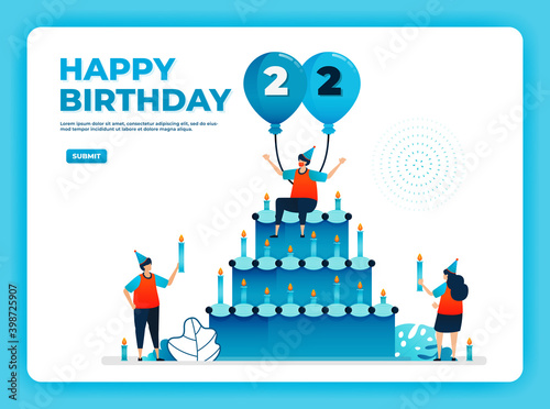 22th birthday vector illustration with health protocol. happy quarantine birthday party. birthday sign. online birthday card. For website, web, landing page, banner, mobile apps, UI UX, poster, flyer