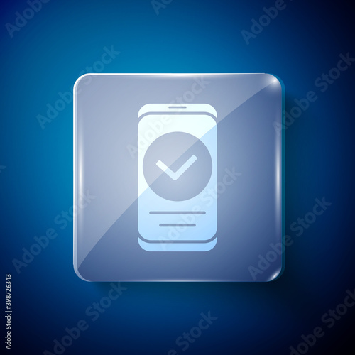 White Smartphone, mobile phone icon isolated on blue background. Square glass panels. Vector.