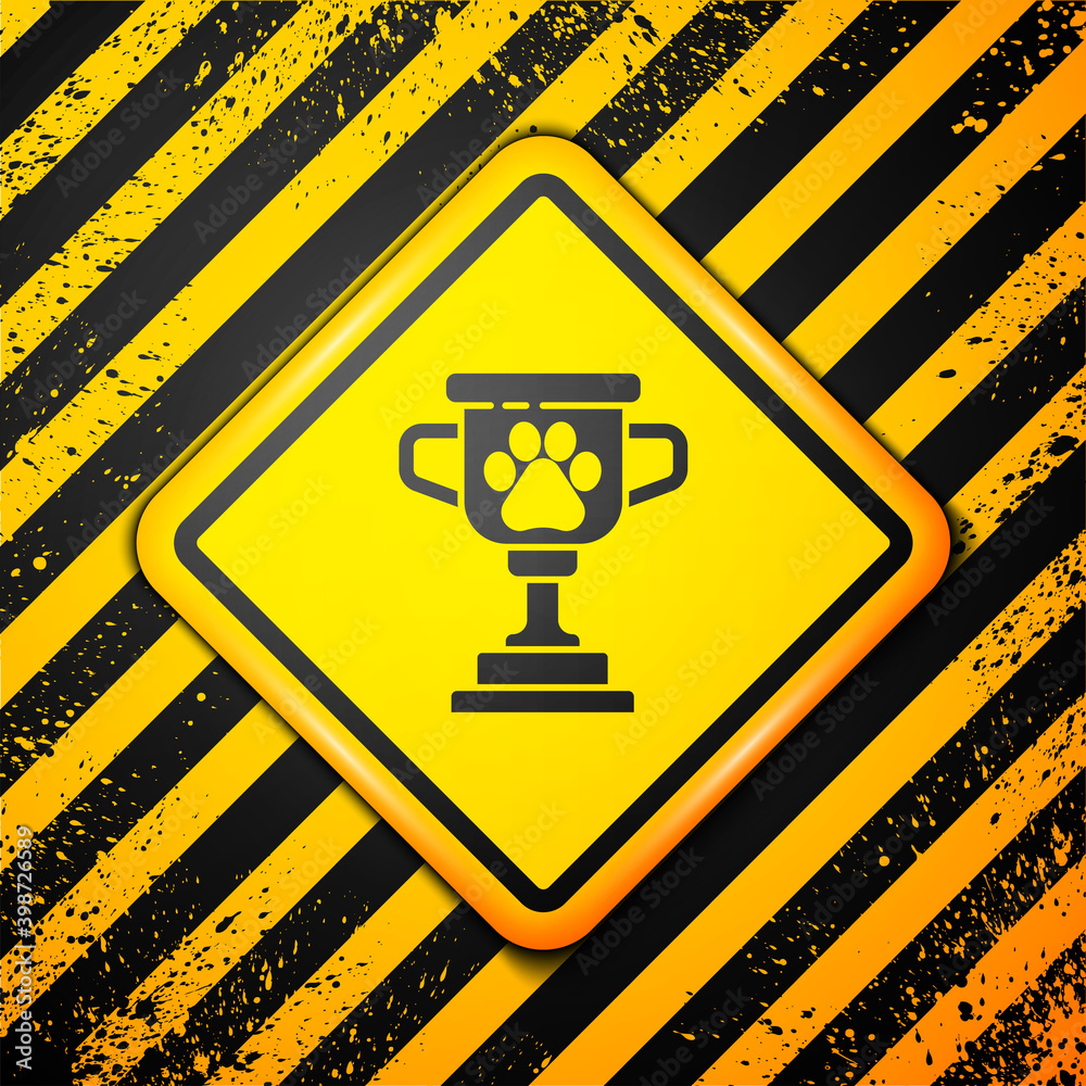 Black Pet award symbol icon isolated on yellow background. Medal with dog footprint as pets exhibition winner concept. Warning sign. Vector. Black Pet award symbol icon isolated on yellow background. Medal with dog footprint as pets exhibition winner concept. Warning sign. Vector.