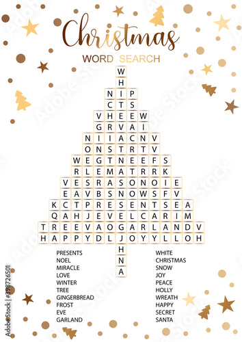 Christmas word search elegant card. Shining gold puzzle about winter holiday. Party game. Vector illustration