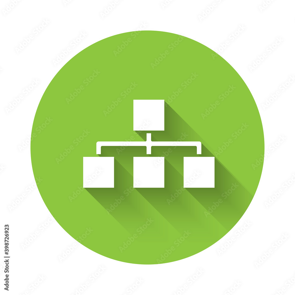 White Business hierarchy organogram chart infographics icon isolated with long shadow. Corporate organizational structure graphic elements. Green circle button. Vector. White Business hierarchy organogram chart infographics icon isolated with long shadow. Corporate organizational structure graphic elements. Green circle button. Vector.