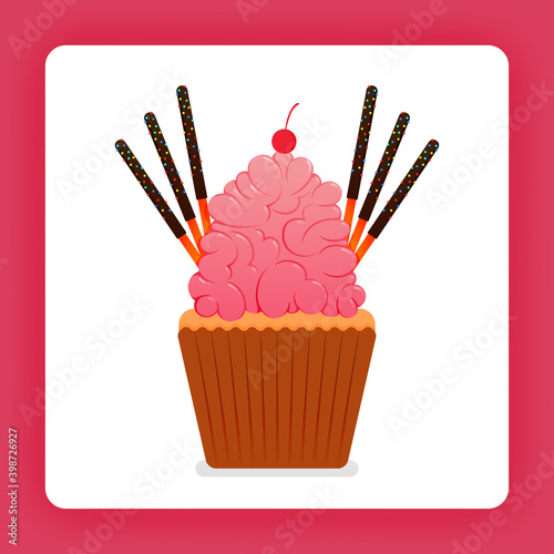 Illustration of cupcake with giant strawberry whip cream and extra topping, six chocolate sticks and cherries. Design can be for books, flyer, poster, website, web, apps, landing page, cookbook