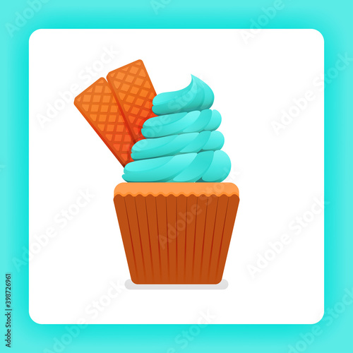 Illustration of tasty cupcake with mint or bubble gum candy flavor ice cream twist. Extra double waffle topping. Design can be for books, flyer, poster, website, web, apps, landing page, cookbook