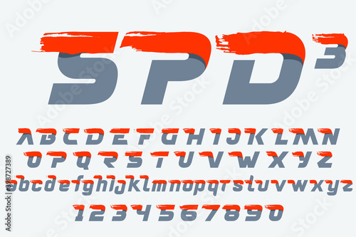 Fast speed alphabet and numbes set with red dry brush stroke.