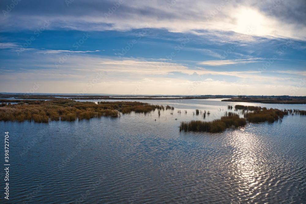 Irresistible floods on the Samara river on the dnieper in the evening light