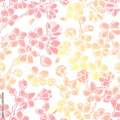 Vector illustration, Beautiful Cherry , branches, flowers, buds, handmade, card for you. background white. seamless pattern. pink yellow colors © HikaruD88