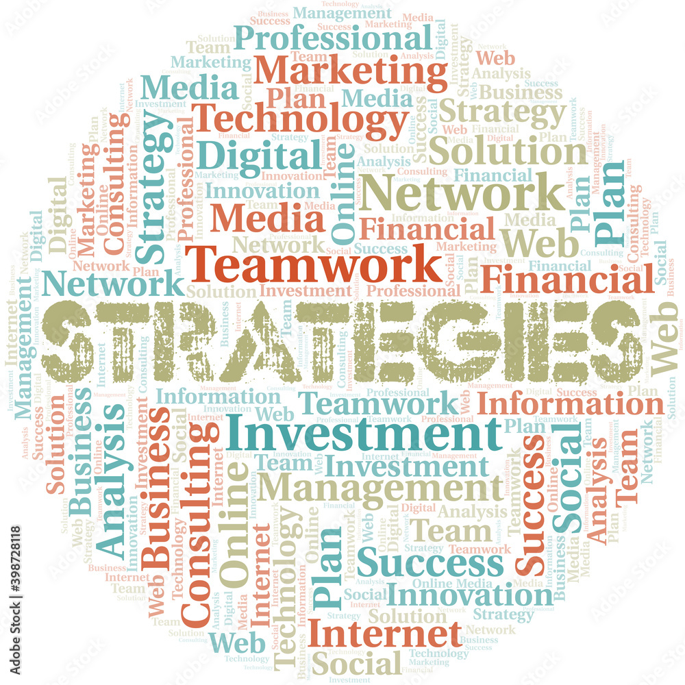 Strategies word cloud create with text only. Strategies word cloud create with text only.