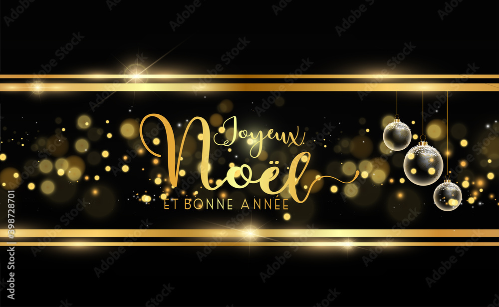 carte ou bandeau sur Joyeux Noël et Bonne Année en or sur un fond noir avec des rond et des boules de Noël or en effet bokeh 