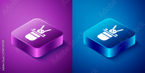 Isometric Magician hat and rabbit icon isolated on blue and purple background. Magic trick. Mystery entertainment concept. Square button. Vector.