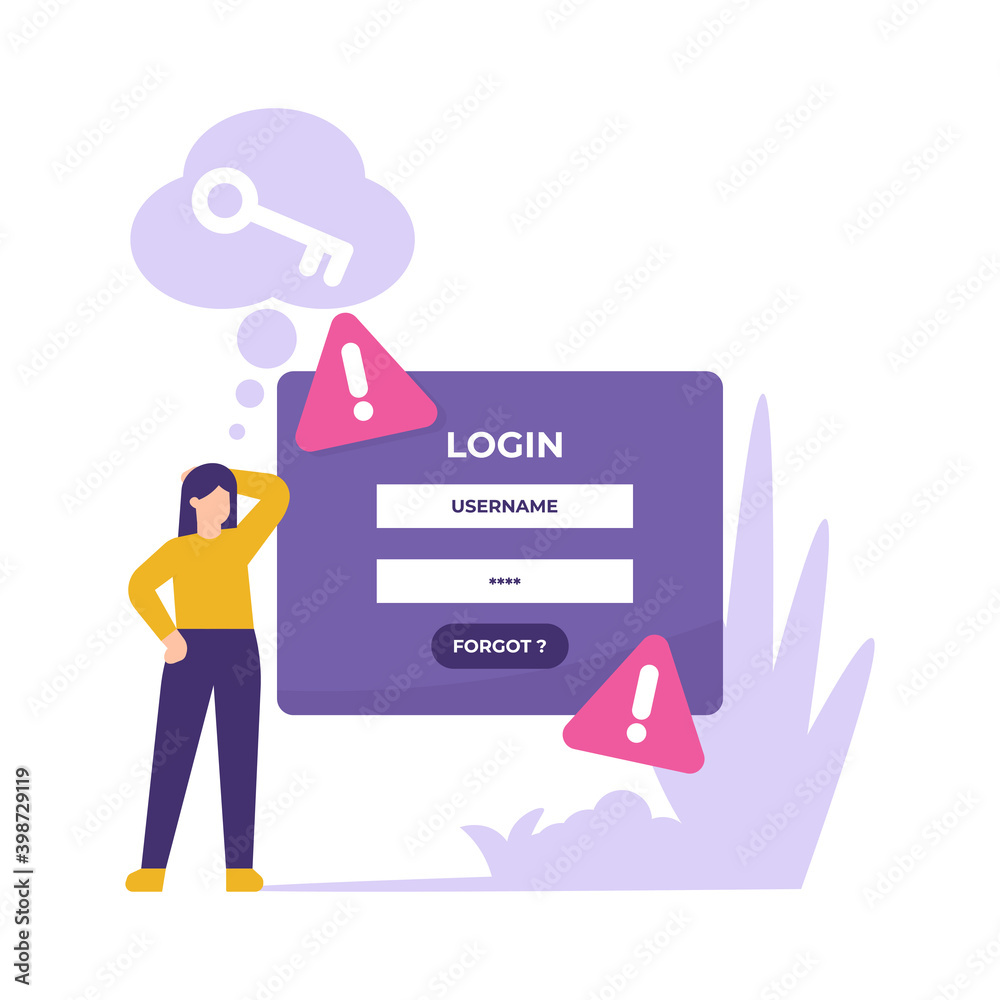 concept of forgot password and username, account protection, danger warning, wrong password. illustration of a woman who forgets her personal data when she wants to log in. flat style. design element concept of forgot password and username, account protection, danger warning, wrong password. illustration of a woman who forgets her personal data when she wants to log in. flat style. design element