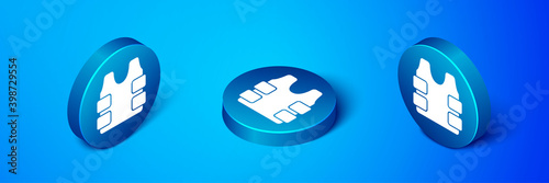 Isometric Bulletproof vest for protection from bullets icon isolated on blue background. Body armor sign. Military clothing. Blue circle button. Vector.