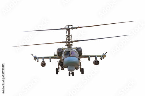 Combat military helicopter isolated on white background, straight front view.