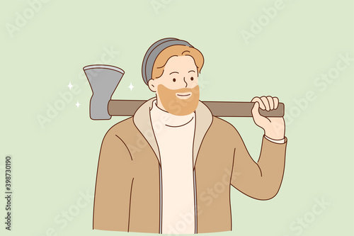 Brutal lumberjack and hipster with beard concept. Young smiling bearded man in warm clothes holding axe on shoulder and looking brutal vector illustration 