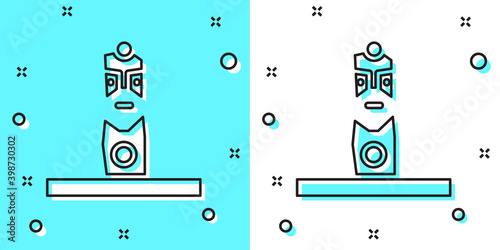 Black line Slavic pagan idol icon isolated on green and white background. Antique ritual wooden idol. Random dynamic shapes. Vector.