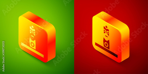 Isometric Slavic pagan idol icon isolated on green and red background. Antique ritual wooden idol. Square button. Vector.