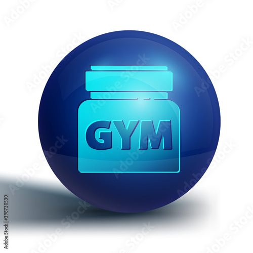 Blue Sports nutrition bodybuilding proteine power drink and food icon isolated on white background. Blue circle button. Vector.