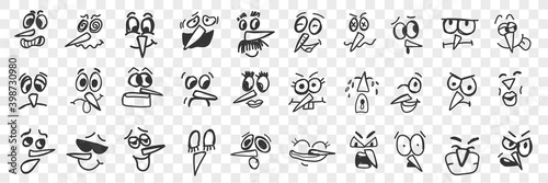 Birds face doodle set. Collection of funny hand drawn cute funny bird face with beak expressing various emotions isolated on transparent background. Illustration of smiling angry and unhappy birds