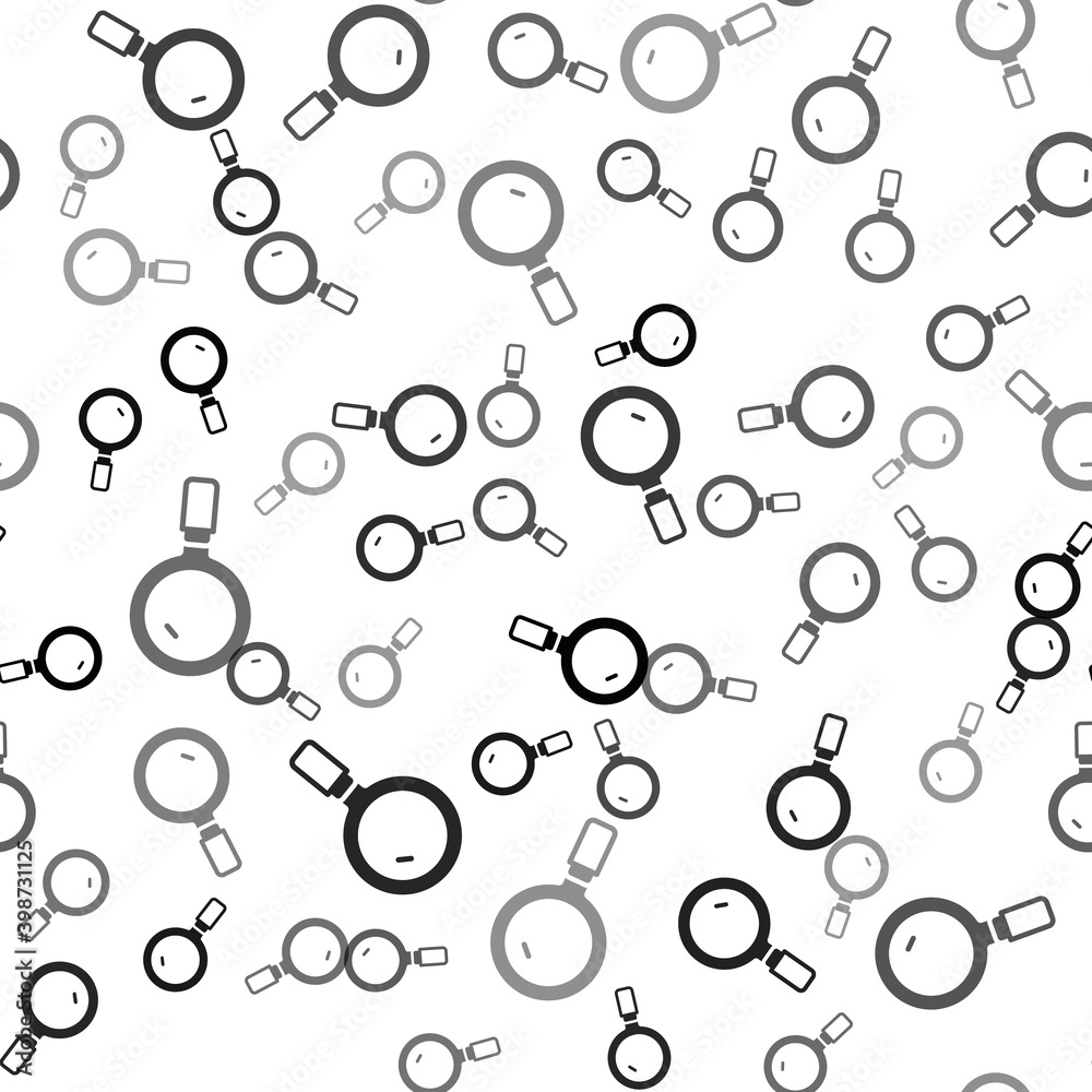Black Magnifying glass icon isolated seamless pattern on white background. Search, focus, zoom, business symbol.  Vector.