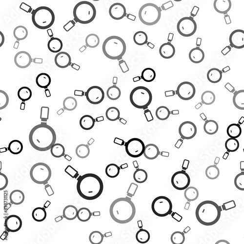 Black Magnifying glass icon isolated seamless pattern on white background. Search, focus, zoom, business symbol. Vector.