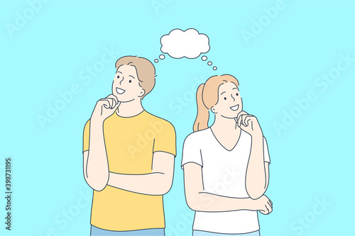 Positive thinking, couple in thoughts, cheerful people concept. Young smiling couple cartoon characters looking aside, touching chin and thinking together vector illustration 