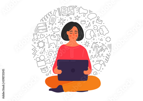 Woman surfing Internet. Girl working on laptop with different information doodle. 